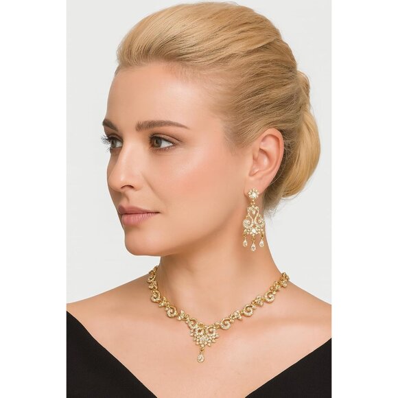 Indian Bollywood Rhinestone Necklace Set in Gold & White, Elegant Design - Picture 2 of 9